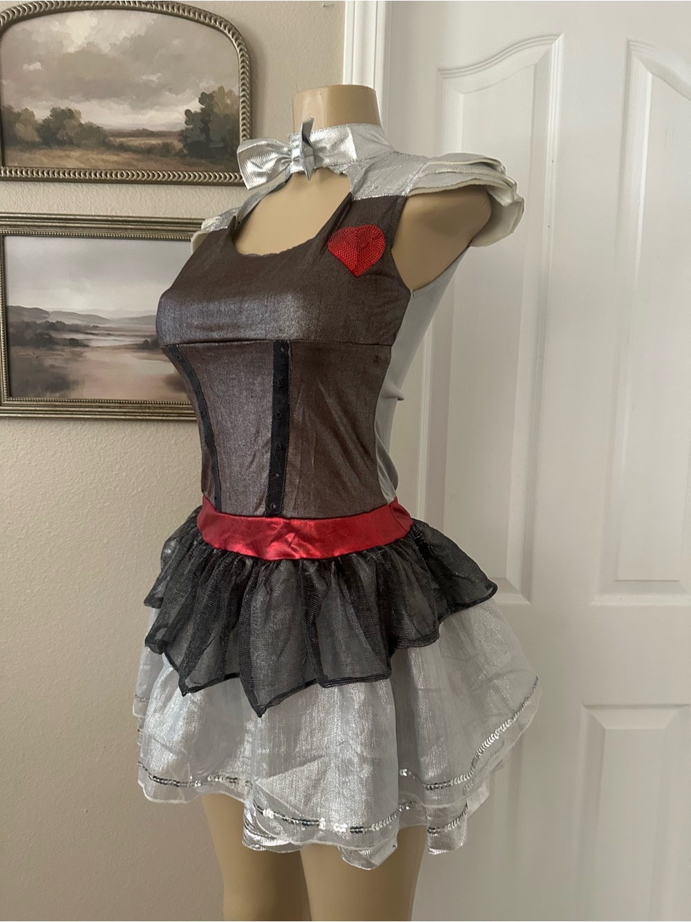 Girls Silver & Black Card Suit Costume Dress with Red Accents